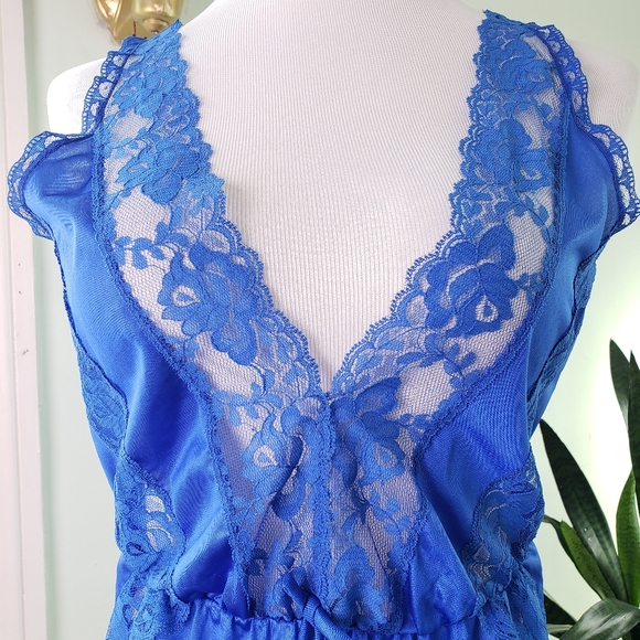 Vintage Lace Trim Lingerie Bodysuit Electric Blue - Picture 2 of 7